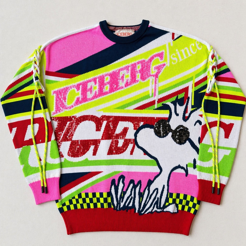Iceberg Snoopy Joe Cool Woodstock Sequin Cold Shoulder Knit Sweater XS